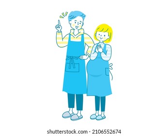 Pregnant smiling woman and husband in apron