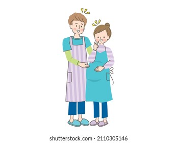 Pregnant smiling woman and husband in apron
