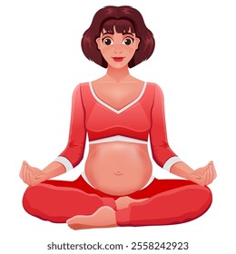 Pregnant sporty girl doing yoga in lotus pose. Comic illustration with cartoon character for the concept of medicine and health, harmony and meditation. Physical activity during pregnancy. 