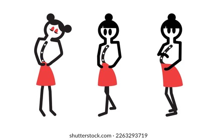 pregnant stick woman character design standing, looking at and holding own belly