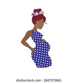 Pregnant swarthy woman wearing floral wreath and polka-dot dress. Vector illustration.