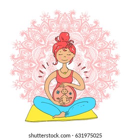 Pregnant tanned woman in lotus position against mandala background. Cute cartoon style. Color illustration. Ohm. Vector illustration. Central composition.