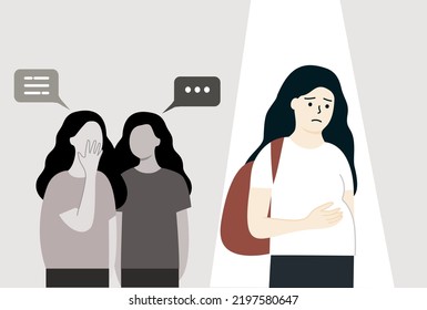 Pregnant teenage girl being bullied at school. Mental health, Depression, stress, Unintended pregnancy, public disapproval, abortion concept. Flat cartoon people vector illustration.