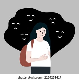 Pregnant teenage girl being bullied. Teen with negative thought. Mental health, Depression, stress, public disapproval, abortion concept. Flat cartoon people vector illustration.