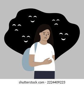 Pregnant teenage girl being bullied. Teen with negative thought. Mental health, Depression, stress, public disapproval, abortion concept. Flat cartoon people vector illustration.