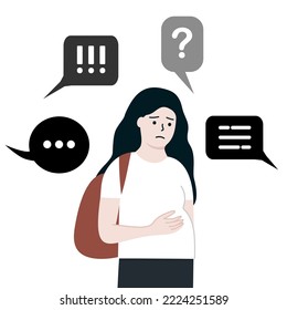 Pregnant teenage girl with different negative speech bubbles. Bullying, mental health, depression, anxiety, public disapproval, abortion concept. Flat cartoon people vector illustration.