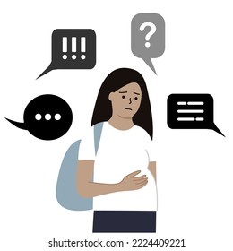 Pregnant teenage girl with different negative speech bubbles. Bullying, mental health, depression, anxiety, public disapproval, abortion concept. Flat cartoon people vector design illustration.