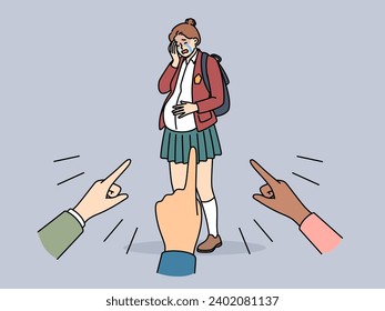 Pregnant teenage girl stands among hands of angry people criticizing schoolgirl. Pregnant young woman has become victim of bullying and needs counseling from psychologist or social services