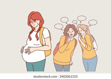 Pregnant teenage woman, victim of bullying, stands near judgmental classmates with backpacks. Pregnant schoolgirl needs help from child psychologist or switching to home schooling.