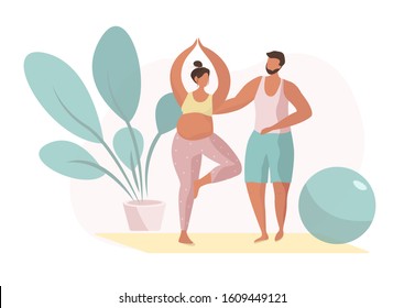 Pregnant training in gym.Gymnastics for pregnant on Fitball.Pregnant Character with husband doing Fitness.Preparing to Childbirth Courses.Relaxing Poses.Aerobic Muscles.Flat Vector Illustration