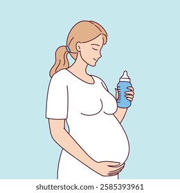 A pregnant white woman with a ponytail wears a white dress and gently cradles her belly with one hand while holding a baby bottle in the other. The background is light blue.