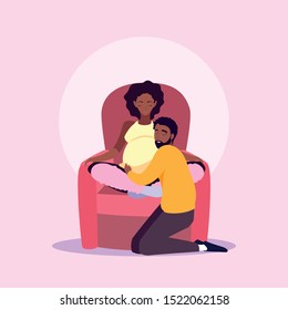 pregnant wife afro sitting in sofa with husband vector illustration design