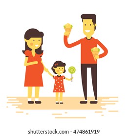 Pregnant wife with elder daughter and husband. Kid have a candy, father brings two ice cream . Cute flat design vector illustration. Ready to use family vintage card