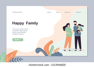 Pregnant wife and father holding daughter on hands. Happy family landing page concept. People spending time together. Website banner template.Trendy style design characters.Vector illustration
