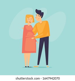 Pregnant wife Happy couple. Flat design vector illustration.