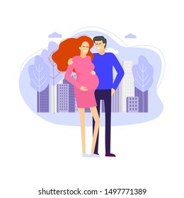  Pregnant wife and her husband. Pregnant couple on the background of the city. Young happy couple hugging vector