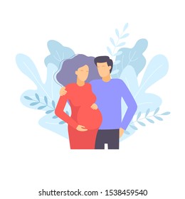  Pregnant wife and her husband. Pregnant couple. Young happy couple hugging vector