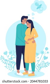 Pregnant wife with husband 2D vector isolated illustration. Thinking of baby. Anticipating child birth. Young family flat characters on cartoon background. Parenthood colourful scene