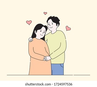 Pregnant wife and husband illustration set. family, love, hug, smile. Vector drawing. Hand drawn style.