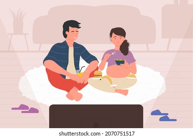 Pregnant wife and husband watch tv series or movie vector illustration. Cartoon couple, man woman characters sitting on carpet of home floor, future mother with belly eating. Happy family time concept