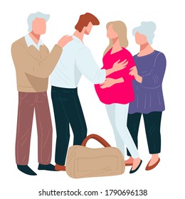 Pregnant wife and parents saying goodbye to man ready to travel. Traveling family member, male character with bags, personage returning home from long journey or voyage, vector in flat style