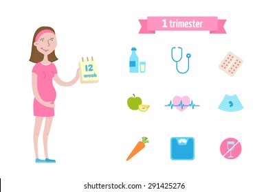 Pregnant Woman 1st Trimester. Icon Set - Part 2. Vector Illustration.