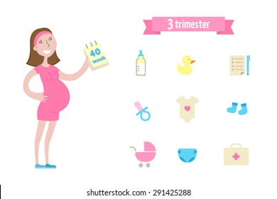 Pregnant woman 3rd trimester. Icon set - part 4. Vector illustration.