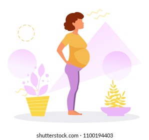 Pregnant woman. 9 month Vector. Cartoon. Isolated art on white background. Flat