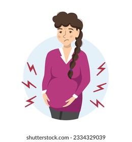 A pregnant woman with abdominal discomfort. Pregnant woman pains concept. Abortion threat. Pregnancy period problems and symptoms.