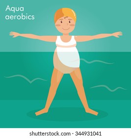 Pregnant woman. Aerobics in the pool. Vector isolated illustration. Cartoon character.