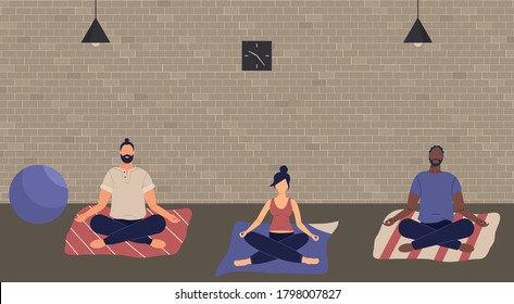 Pregnant woman, afro man and man sitting with legs crossed on floor and meditating. People in yoga posture doing meditation, mindfulness practice, spiritual discipline at home.Vector illustration