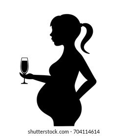 Pregnant woman with alcohol drink vector silhouette illustration isolated on white background