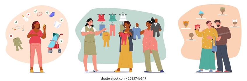 Pregnant woman alone, best girl friends, married couple enjoying shopping time at baby store cartoon scene set. Shopper characters purchasing preparing for mom-to-be and parenting vector illustration