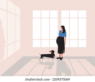 Mujer embarazada sola con perro por la mañana, ilustración plana vectorial con habitación con ventana y sombra, concepto de licencia de maternidad