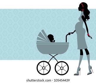 Pregnant Woman With Another Baby In Baby Carriage