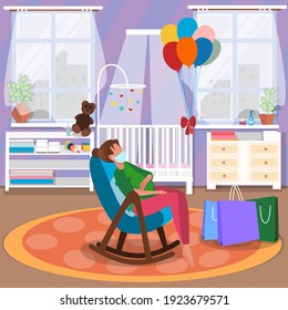 Pregnant woman in antiviral mask. Preparing for the birth of a child. Concept of a flu outbreak, coronavirus. Pandemic flu, virus, bacteria. Graphic drawing in cartoon style.