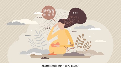 Pregnant woman anxiety and concern about newborn baby tiny person concept. Frustration doubt as psychological pregnancy stress to female vector illustration. Mental difficulties about being mother.