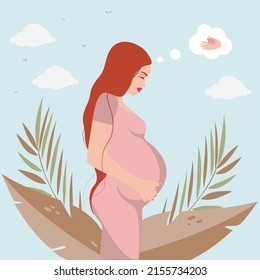 Pregnant  woman around nature and leaf background. Flat vector illustration in minimal style.