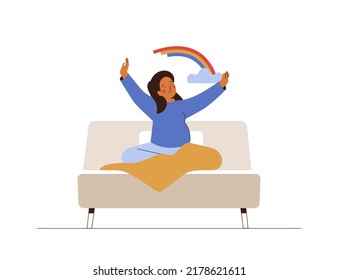 Pregnant Woman awake from sleep in the morning. Happy female who waiting the baby get out of the cozy bed and stretching with good mood. Healthy lifestyle concept. Vector illustration