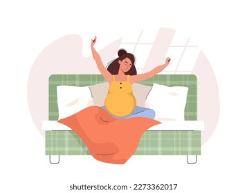 Pregnant woman awake from sleep in the morning. Happy female character relaxing on bed and stretching with good mood. Future mother enjoying pregnancy. Healthy lifestyle concept. Vector illustration 