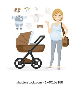 Pregnant woman and baby boy care items. Vector illustration