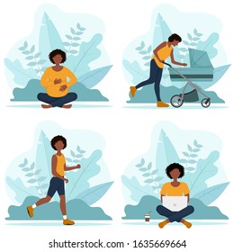 Pregnant Woman, Woman With A Baby Carriage, Woman Running, Woman Working. Woman's Journey From Pregnancy, Maternity Leave To Work. Flat Vector Illustration