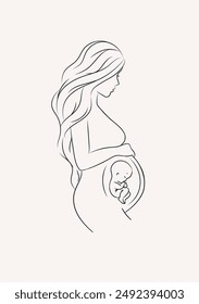 Pregnant woman with a baby drawing in linear style on light background