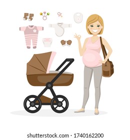 Pregnant woman and baby girl care items. Vector illustration