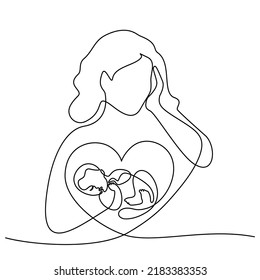 Pregnant woman with baby in heart International mothers day. Continuous one line drawing. Simple hand drawn vector illustration