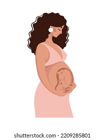 Pregnant woman with a baby in the uterus, anatomy of pregnancy, third trimester, preparation for childbirth. Vector flat illustration isolated on white background.