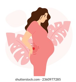 Mujer embarazada con dolor de espalda en forma plana. Concepto de una chica embarazada con la espalda irritada. Ilustración vectorial.