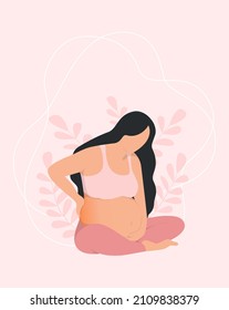 pregnant woman back pain  on a pastel pink background