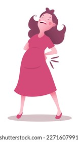 Pregnant woman with back pain wearing pink dress.