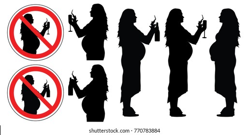 Pregnant woman, bad habits, silhouette. Prohibition signs of smoking and drinking alcohol, set, vector.